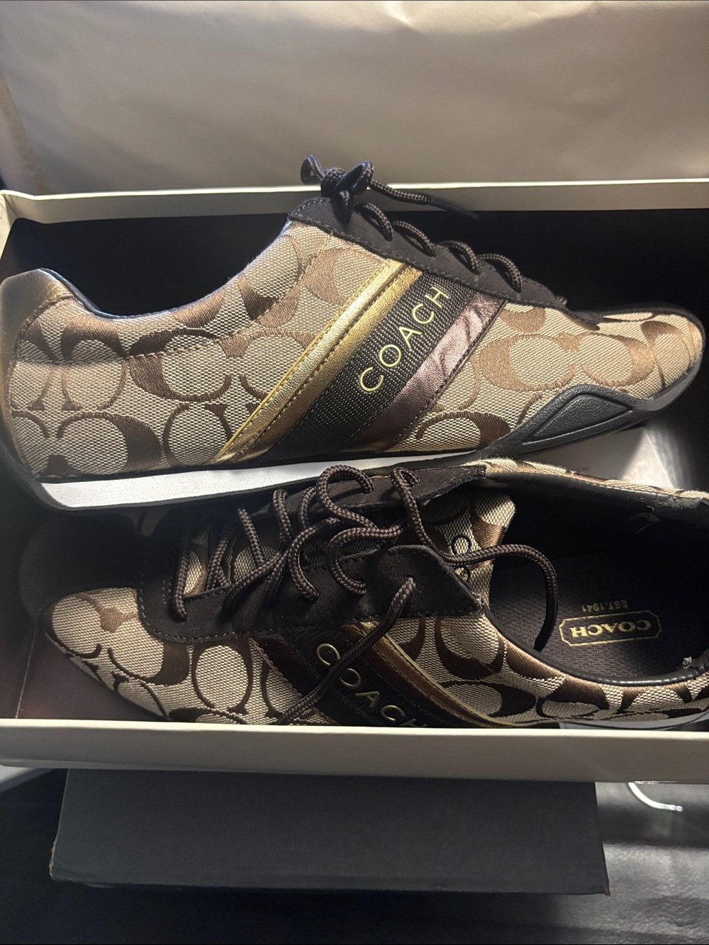 Coach Brown Signature Logo Lace-Up Women's Sneakers with Gold Accent